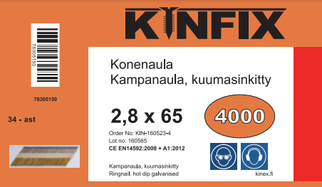 KINFIX KONENAULA 34AST 65X2.9 KUUMAS KAM - 34-asteiset kuumasinkityt konenaulat - 78305150 - 1